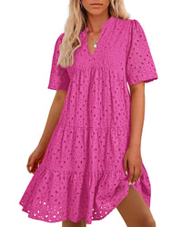 BTFBM Womens Boho Summer Dresses 2025 Resort V Neck Short Sleeve Hollow Out Lace Ruffle Casual Beach Mini Vacation Dress - 7DAY'S