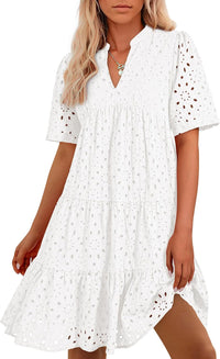 BTFBM Womens Boho Summer Dresses 2025 Resort V Neck Short Sleeve Hollow Out Lace Ruffle Casual Beach Mini Vacation Dress - 7DAY'S