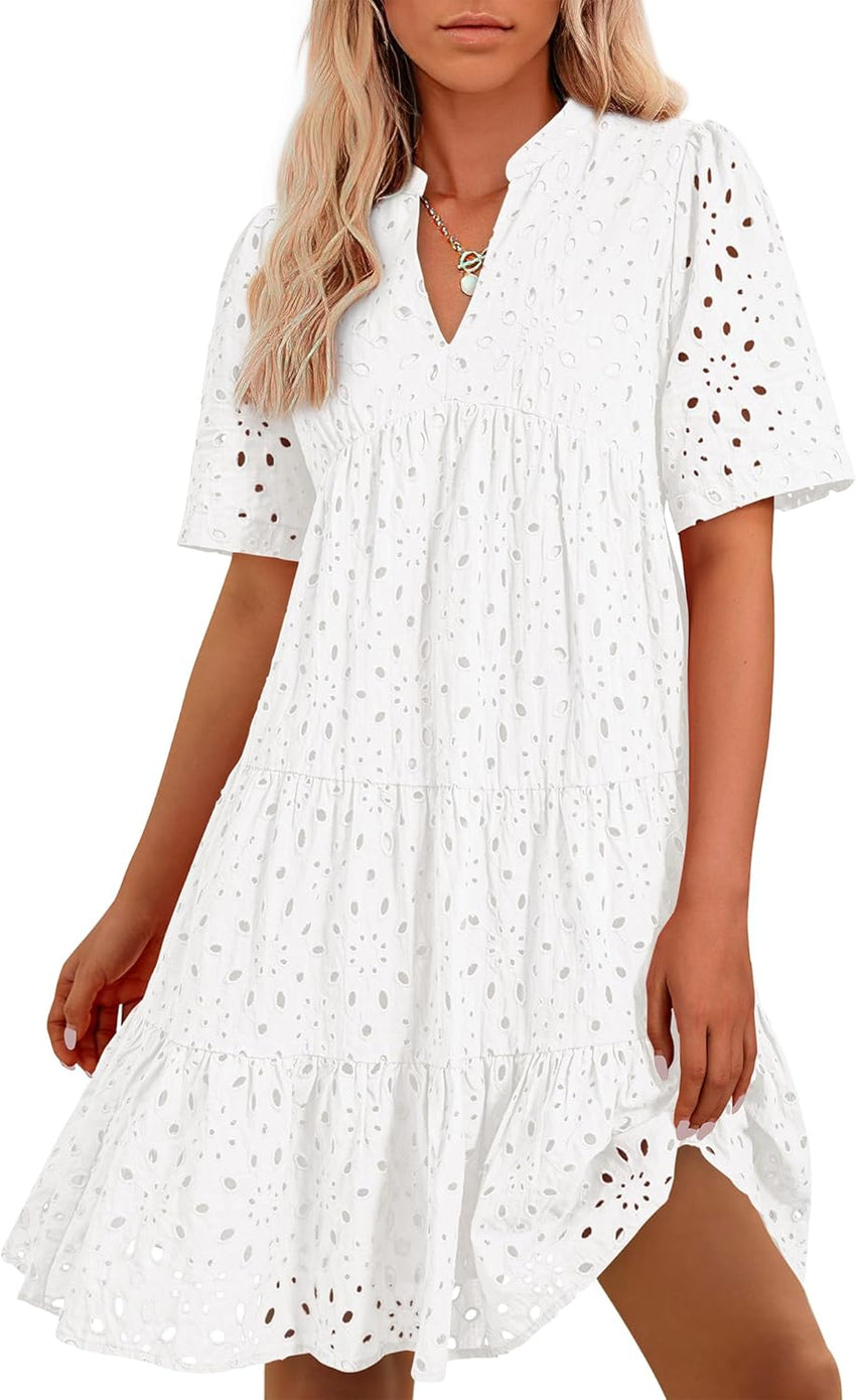 BTFBM Womens Boho Summer Dresses 2025 Resort V Neck Short Sleeve Hollow Out Lace Ruffle Casual Beach Mini Vacation Dress - 7DAY'S