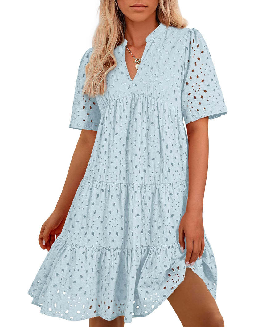 BTFBM Womens Boho Summer Dresses 2025 Resort V Neck Short Sleeve Hollow Out Lace Ruffle Casual Beach Mini Vacation Dress - 7DAY'S