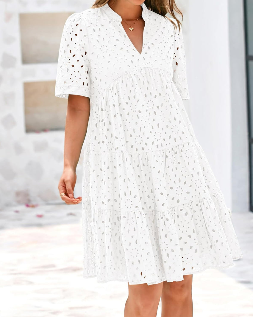 BTFBM Womens Boho Summer Dresses 2025 Resort V Neck Short Sleeve Hollow Out Lace Ruffle Casual Beach Mini Vacation Dress - 7DAY'S