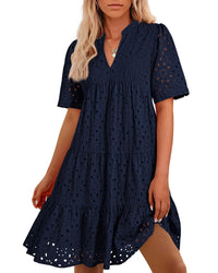 BTFBM Womens Boho Summer Dresses 2025 Resort V Neck Short Sleeve Hollow Out Lace Ruffle Casual Beach Mini Vacation Dress - 7DAY'S
