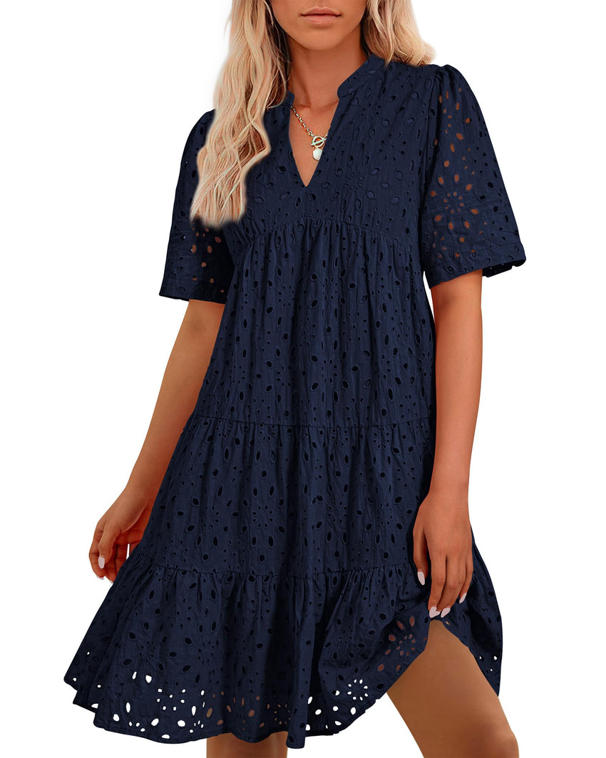 BTFBM Womens Boho Summer Dresses 2025 Resort V Neck Short Sleeve Hollow Out Lace Ruffle Casual Beach Mini Vacation Dress - 7DAY'S