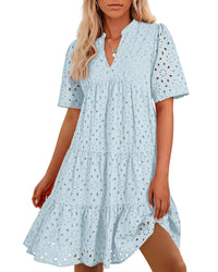 BTFBM Womens Boho Summer Dresses 2025 Resort V Neck Short Sleeve Hollow Out Lace Ruffle Casual Beach Mini Vacation Dress - 7DAY'S