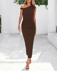 BTFBM Women's Formal Cocktail Dresses Fall 2025 One Shoulder Twist Strap Ruched Bodycon Elegant Wedding Party Maxi Dress - 7DAY'S