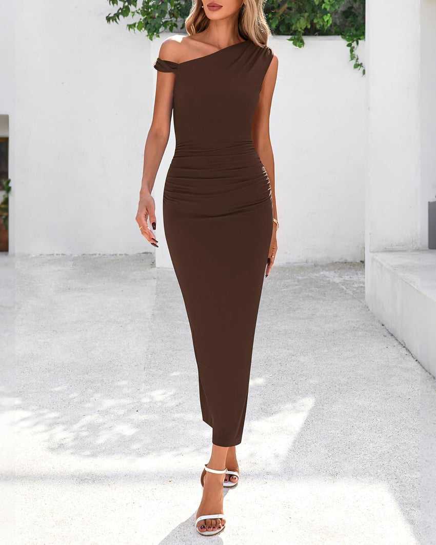 BTFBM Women's Formal Cocktail Dresses Fall 2025 One Shoulder Twist Strap Ruched Bodycon Elegant Wedding Party Maxi Dress - 7DAY'S