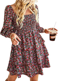 BTFBM Womens Long Sleeve Dress Vacation Square Neck Smocked Floral Swiss Dot Mini Boho Fall Wedding Guest Dresses 2025 - 7DAY'S