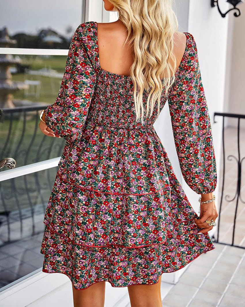 BTFBM Womens Long Sleeve Dress Vacation Square Neck Smocked Floral Swiss Dot Mini Boho Fall Wedding Guest Dresses 2025 - 7DAY'S