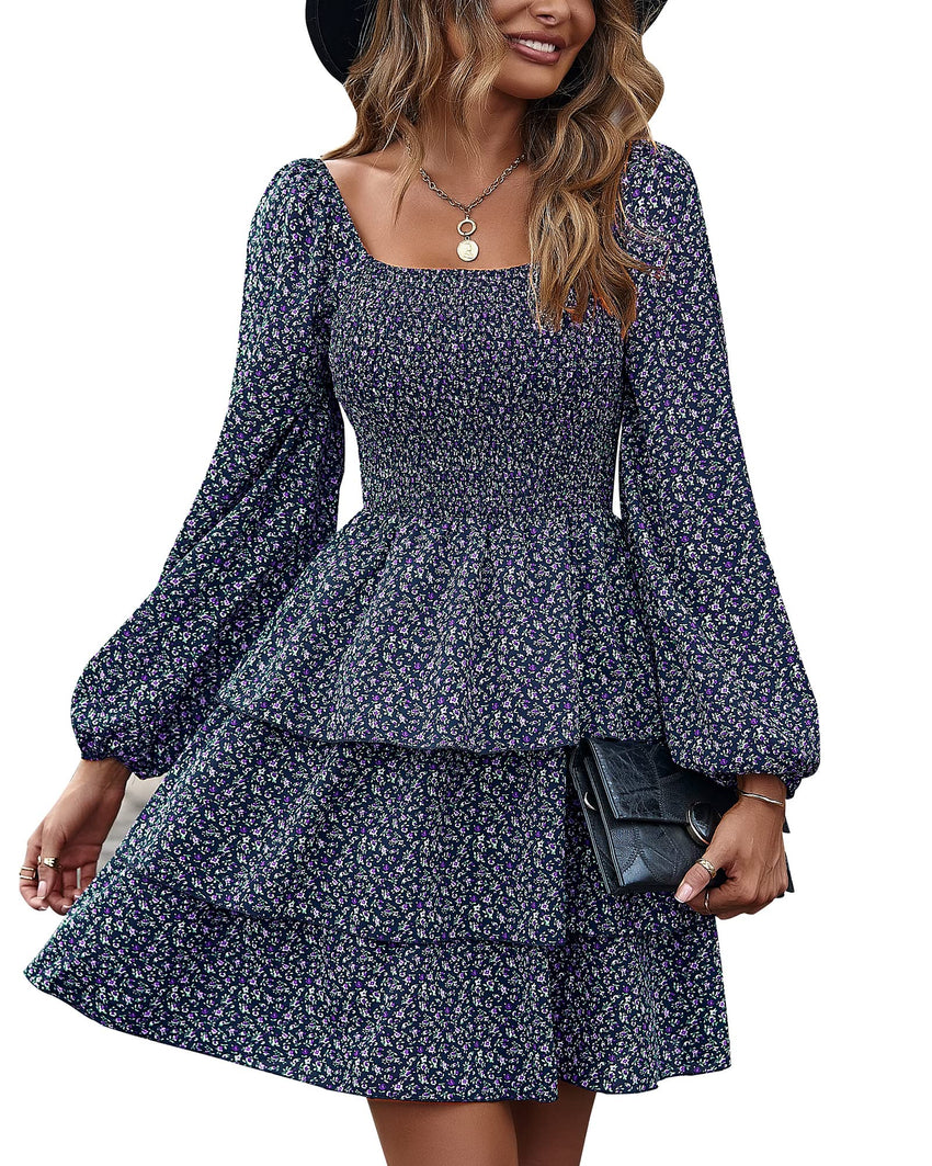 BTFBM Womens Long Sleeve Dress Vacation Square Neck Smocked Floral Swiss Dot Mini Boho Fall Wedding Guest Dresses 2025 - 7DAY'S