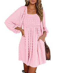 BTFBM Womens Long Sleeve Dress Vacation Square Neck Smocked Floral Swiss Dot Mini Boho Fall Wedding Guest Dresses 2025 - 7DAY'S