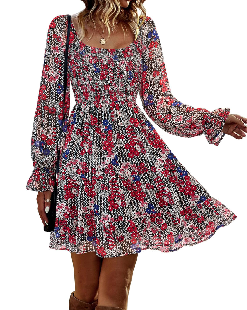 BTFBM Womens Long Sleeve Dress Vacation Square Neck Smocked Floral Swiss Dot Mini Boho Fall Wedding Guest Dresses 2025 - 7DAY'S