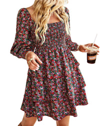 BTFBM Womens Long Sleeve Dress Vacation Square Neck Smocked Floral Swiss Dot Mini Boho Fall Wedding Guest Dresses 2025 - 7DAY'S