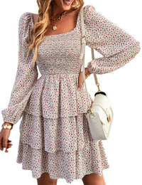 BTFBM Womens Long Sleeve Dress Vacation Square Neck Smocked Floral Swiss Dot Mini Boho Fall Wedding Guest Dresses 2025 - 7DAY'S