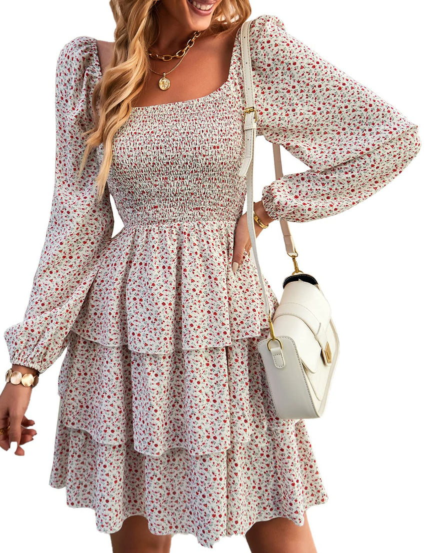 BTFBM Womens Long Sleeve Dress Vacation Square Neck Smocked Floral Swiss Dot Mini Boho Fall Wedding Guest Dresses 2025 - 7DAY'S