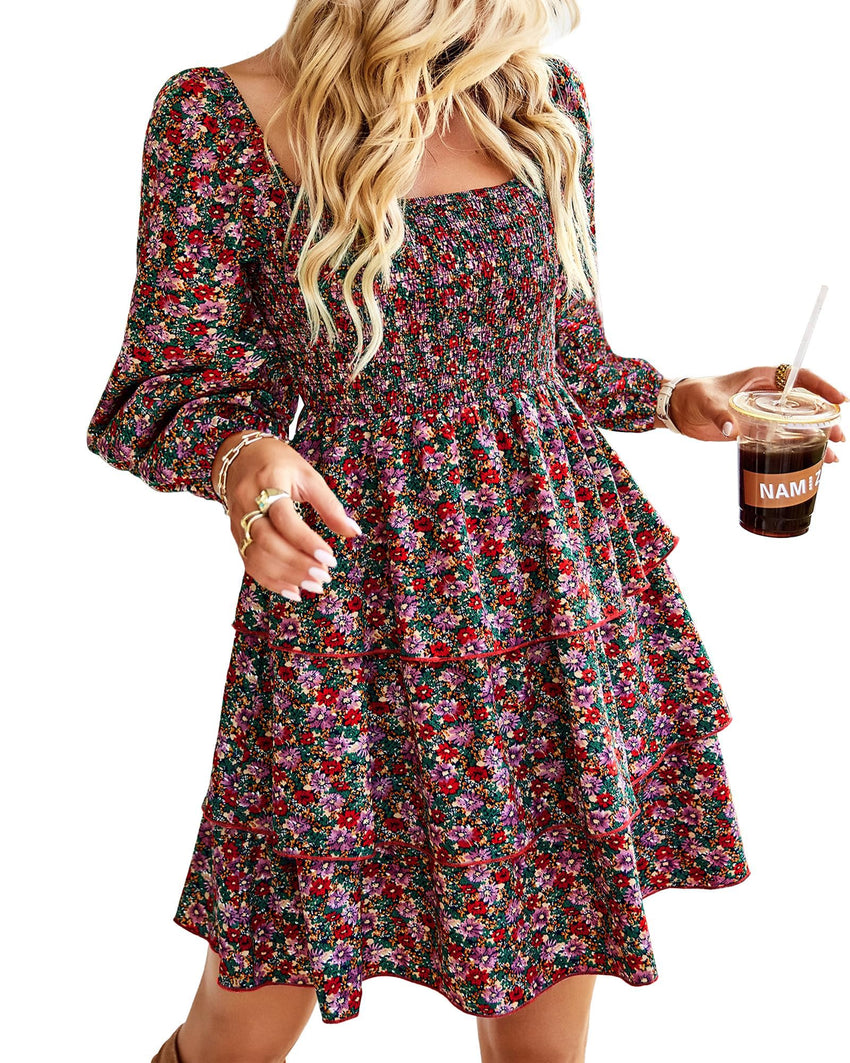 BTFBM Womens Long Sleeve Dress Vacation Square Neck Smocked Floral Swiss Dot Mini Boho Fall Wedding Guest Dresses 2025 - 7DAY'S