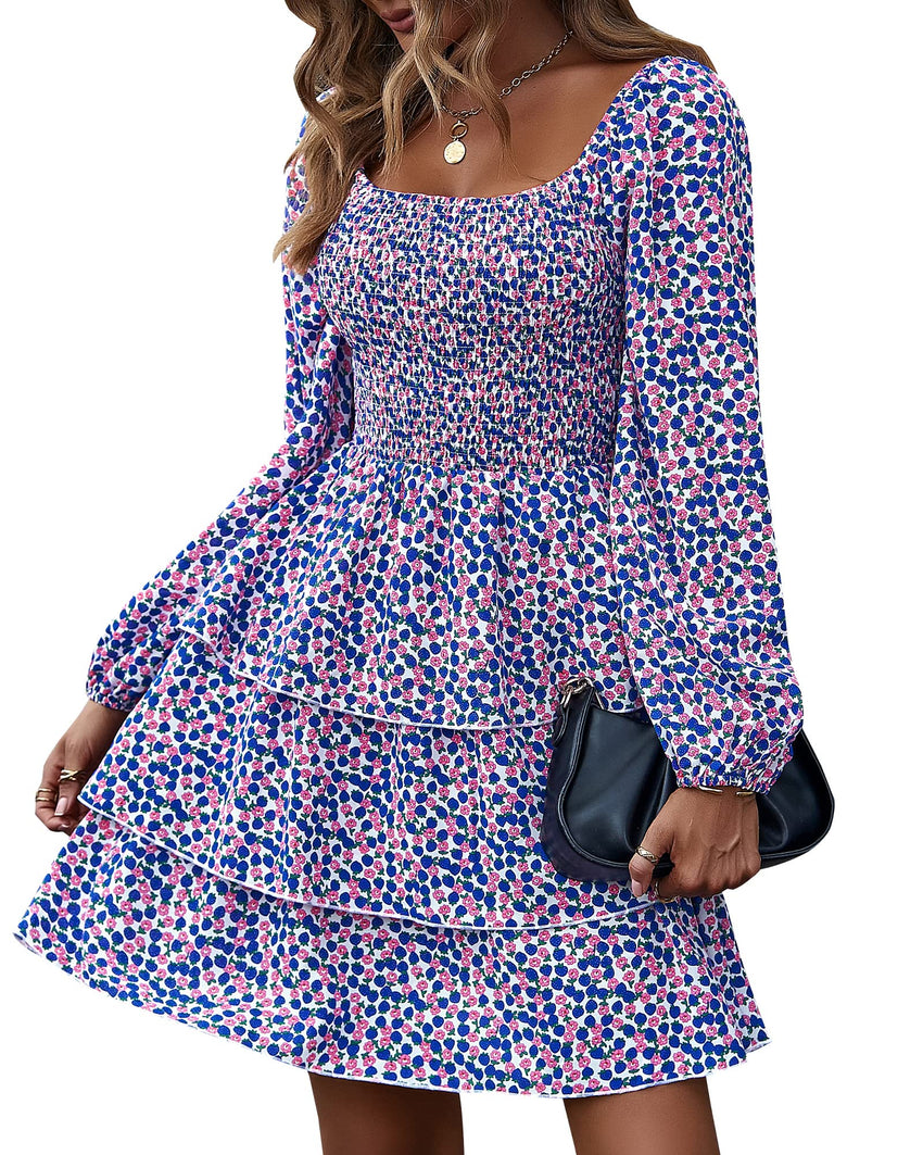 BTFBM Womens Long Sleeve Dress Vacation Square Neck Smocked Floral Swiss Dot Mini Boho Fall Wedding Guest Dresses 2025 - 7DAY'S