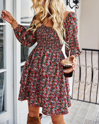 BTFBM Womens Long Sleeve Dress Vacation Square Neck Smocked Floral Swiss Dot Mini Boho Fall Wedding Guest Dresses 2025 - 7DAY'S