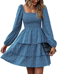 BTFBM Womens Long Sleeve Dress Vacation Square Neck Smocked Floral Swiss Dot Mini Boho Fall Wedding Guest Dresses 2025 - 7DAY'S