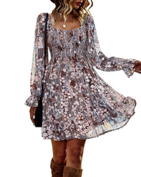 BTFBM Womens Long Sleeve Dress Vacation Square Neck Smocked Floral Swiss Dot Mini Boho Fall Wedding Guest Dresses 2025 - 7DAY'S