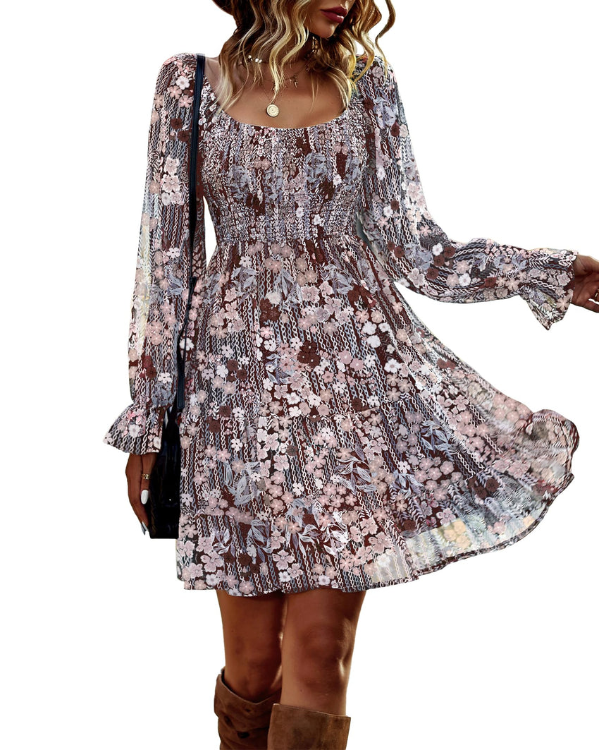 BTFBM Womens Long Sleeve Dress Vacation Square Neck Smocked Floral Swiss Dot Mini Boho Fall Wedding Guest Dresses 2025 - 7DAY'S