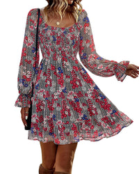 BTFBM Womens Long Sleeve Dress Vacation Square Neck Smocked Floral Swiss Dot Mini Boho Fall Wedding Guest Dresses 2025 - 7DAY'S