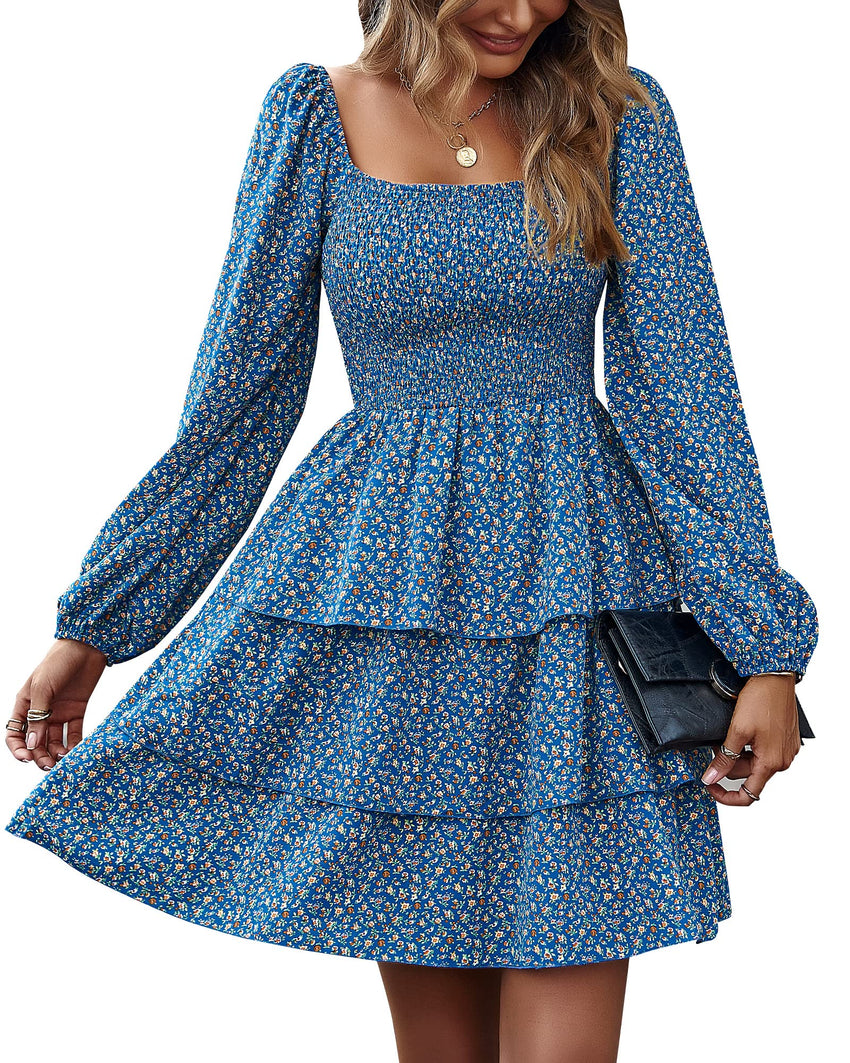 BTFBM Womens Long Sleeve Dress Vacation Square Neck Smocked Floral Swiss Dot Mini Boho Fall Wedding Guest Dresses 2025 - 7DAY'S