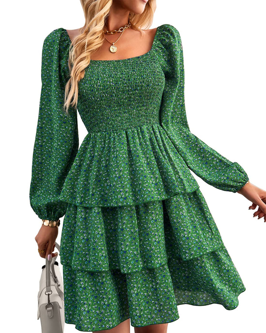 BTFBM Womens Long Sleeve Dress Vacation Square Neck Smocked Floral Swiss Dot Mini Boho Fall Wedding Guest Dresses 2025 - 7DAY'S