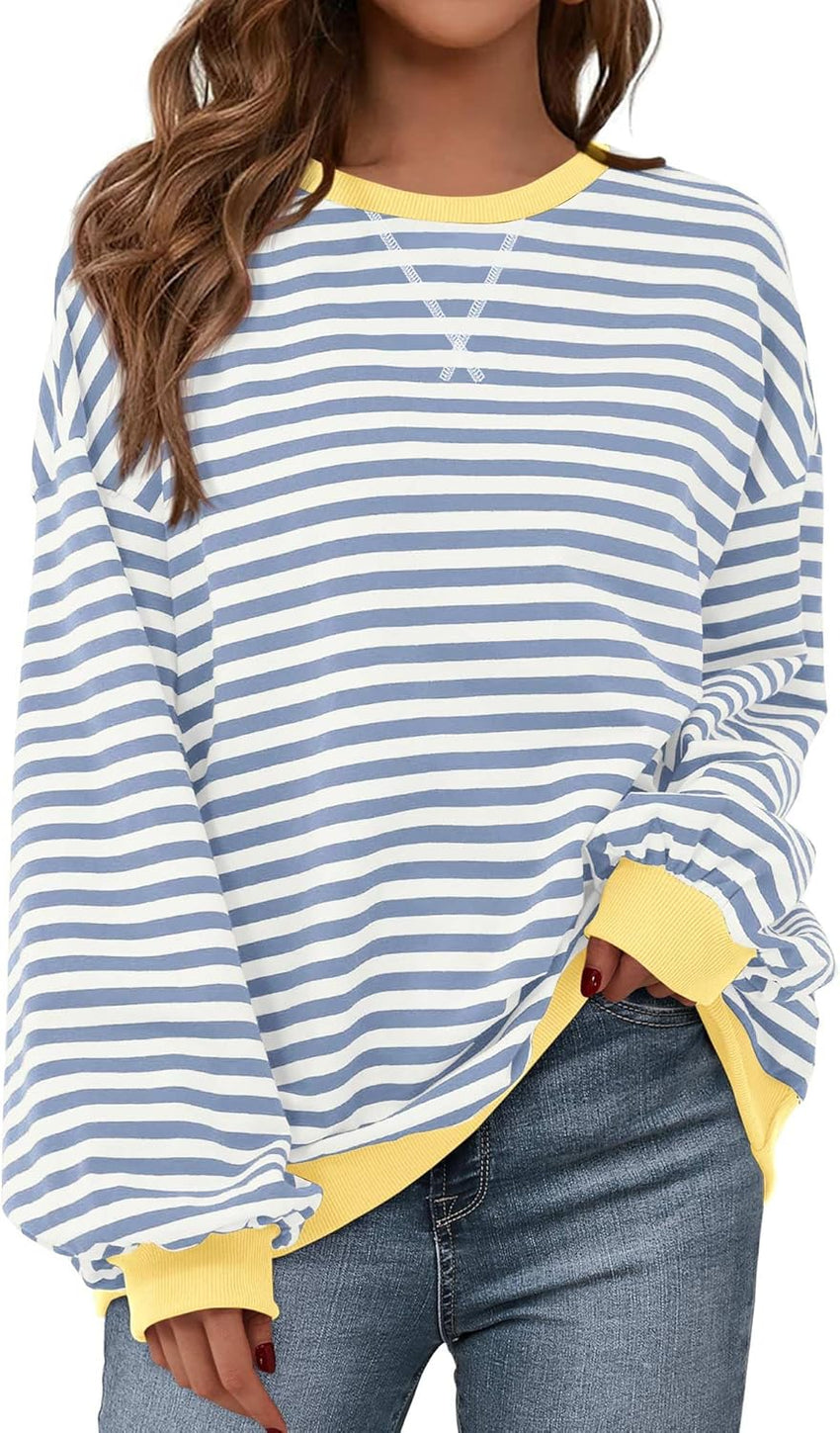 BTFBM Womens Oversized Striped Sweatshirt Crewneck Long Sleeve Pullover Top Casual Y2K Fall Clothes 2025 Workout Shirt - 7DAY'S