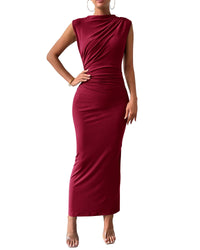BTFBM Women's Ruched Bodycon Dress Summer Casual Sleeveless Back Slit Elegant Club Evening Party Cocktail Maxi Dresses - 7DAY'S