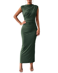 BTFBM Women's Ruched Bodycon Dress Summer Casual Sleeveless Back Slit Elegant Club Evening Party Cocktail Maxi Dresses - 7DAY'S