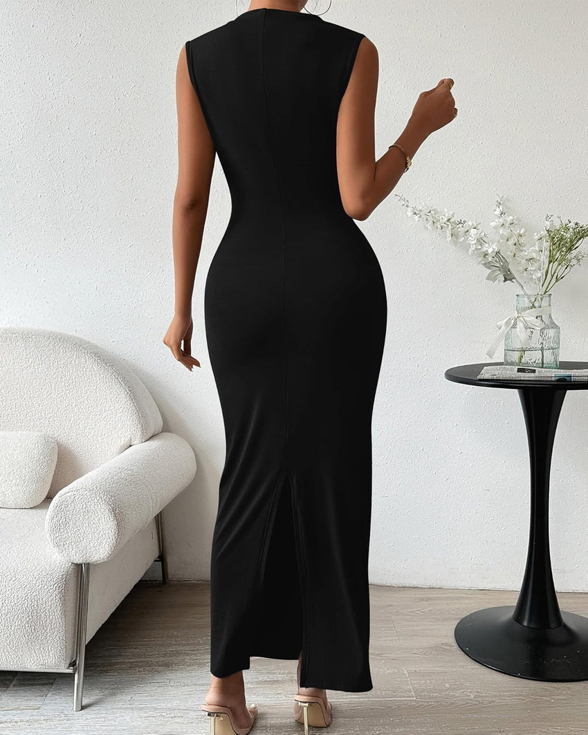BTFBM Women's Ruched Bodycon Dress Summer Casual Sleeveless Back Slit Elegant Club Evening Party Cocktail Maxi Dresses - 7DAY'S