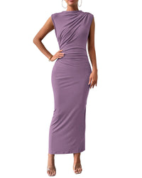 BTFBM Women's Ruched Bodycon Dress Summer Casual Sleeveless Back Slit Elegant Club Evening Party Cocktail Maxi Dresses - 7DAY'S