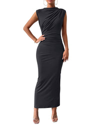 BTFBM Women's Ruched Bodycon Dress Summer Casual Sleeveless Back Slit Elegant Club Evening Party Cocktail Maxi Dresses - 7DAY'S