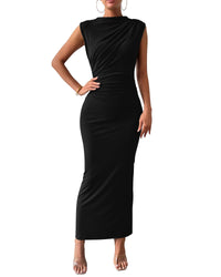 BTFBM Women's Ruched Bodycon Dress Summer Casual Sleeveless Back Slit Elegant Club Evening Party Cocktail Maxi Dresses - 7DAY'S