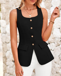 BTFBM Womens Sleeveless Suit Vests Dressy Casual Square Neck Business Work Waistcoat Summer Button Up Blazer Vest Tops - 7DAY'S