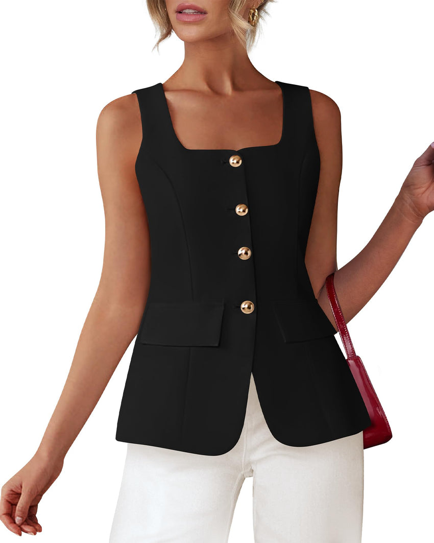 BTFBM Womens Sleeveless Suit Vests Dressy Casual Square Neck Business Work Waistcoat Summer Button Up Blazer Vest Tops - 7DAY'S