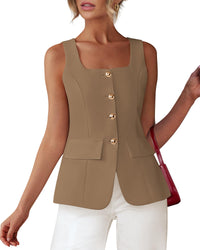 BTFBM Womens Sleeveless Suit Vests Dressy Casual Square Neck Business Work Waistcoat Summer Button Up Blazer Vest Tops - 7DAY'S