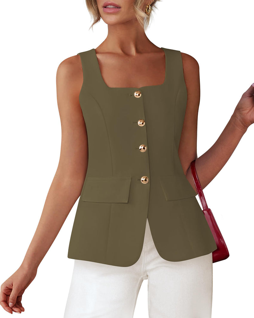 BTFBM Womens Sleeveless Suit Vests Dressy Casual Square Neck Business Work Waistcoat Summer Button Up Blazer Vest Tops - 7DAY'S