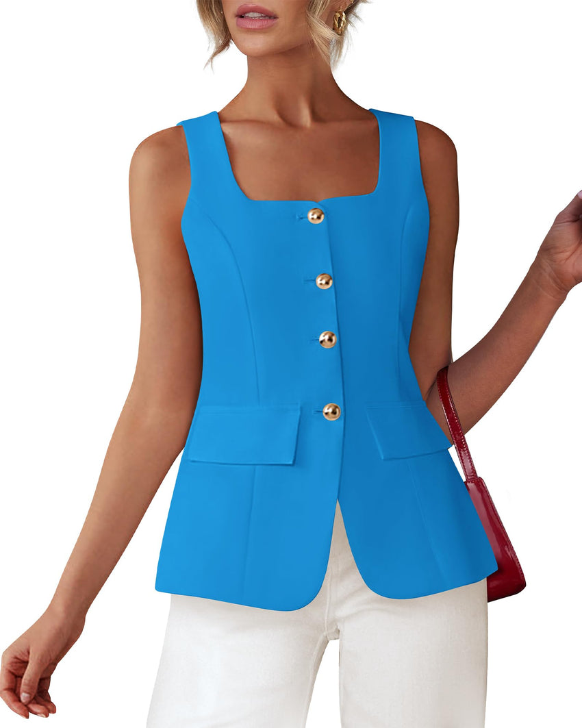 BTFBM Womens Sleeveless Suit Vests Dressy Casual Square Neck Business Work Waistcoat Summer Button Up Blazer Vest Tops - 7DAY'S
