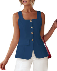 BTFBM Womens Sleeveless Suit Vests Dressy Casual Square Neck Business Work Waistcoat Summer Button Up Blazer Vest Tops - 7DAY'S