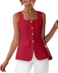 BTFBM Womens Sleeveless Suit Vests Dressy Casual Square Neck Business Work Waistcoat Summer Button Up Blazer Vest Tops - 7DAY'S