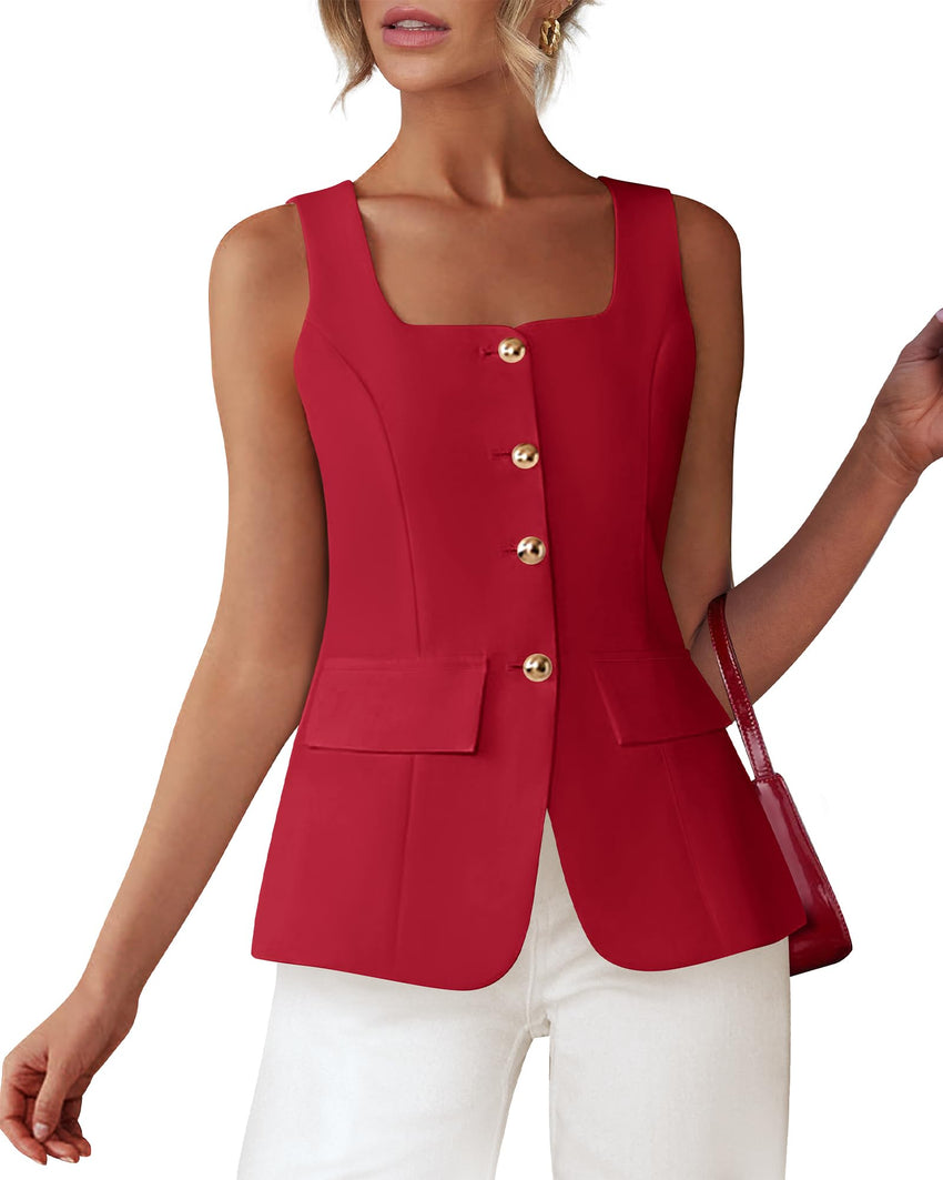 BTFBM Womens Sleeveless Suit Vests Dressy Casual Square Neck Business Work Waistcoat Summer Button Up Blazer Vest Tops - 7DAY'S