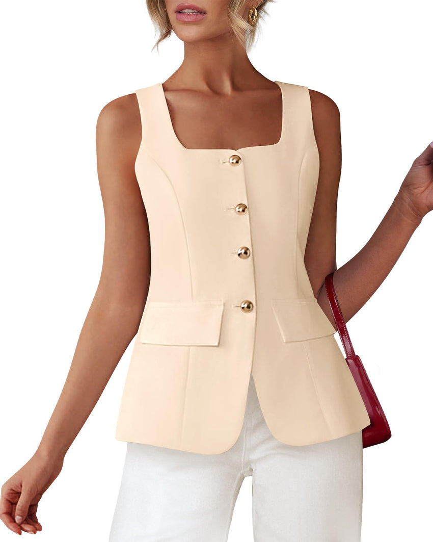 BTFBM Womens Sleeveless Suit Vests Dressy Casual Square Neck Business Work Waistcoat Summer Button Up Blazer Vest Tops - 7DAY'S
