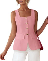 BTFBM Womens Sleeveless Suit Vests Dressy Casual Square Neck Business Work Waistcoat Summer Button Up Blazer Vest Tops - 7DAY'S