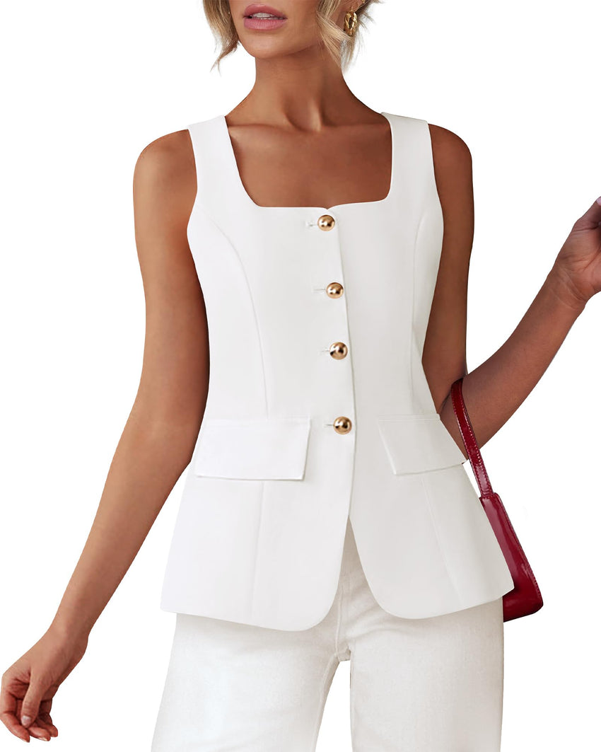 BTFBM Womens Sleeveless Suit Vests Dressy Casual Square Neck Business Work Waistcoat Summer Button Up Blazer Vest Tops - 7DAY'S