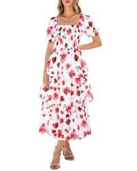 BTFBM Womens Square Neck Smocked Dress Summer Puff Short Sleeve Floral Casual Ruffle Tiered Maxi Wedding Guest Dresses - 7DAY'S