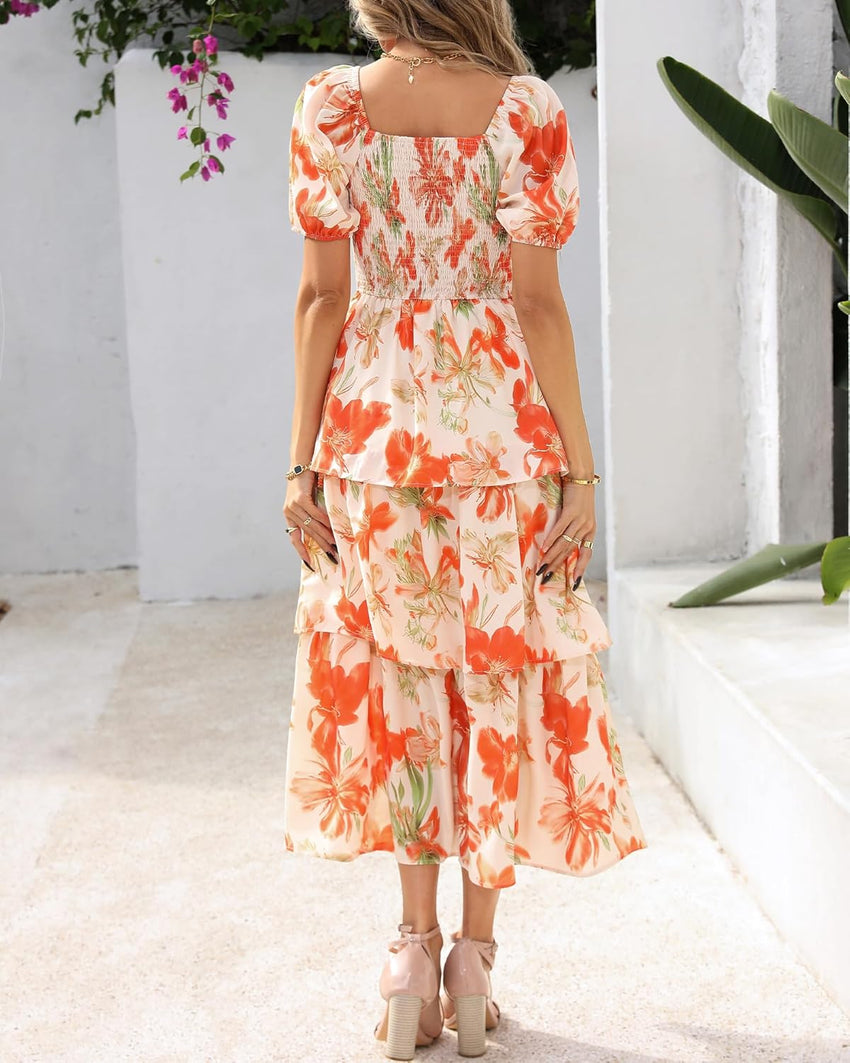 BTFBM Womens Square Neck Smocked Dress Summer Puff Short Sleeve Floral Casual Ruffle Tiered Maxi Wedding Guest Dresses - 7DAY'S