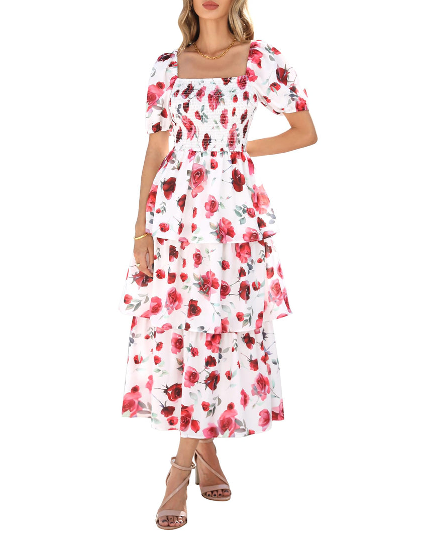 BTFBM Womens Square Neck Smocked Dress Summer Puff Short Sleeve Floral Casual Ruffle Tiered Maxi Wedding Guest Dresses - 7DAY'S