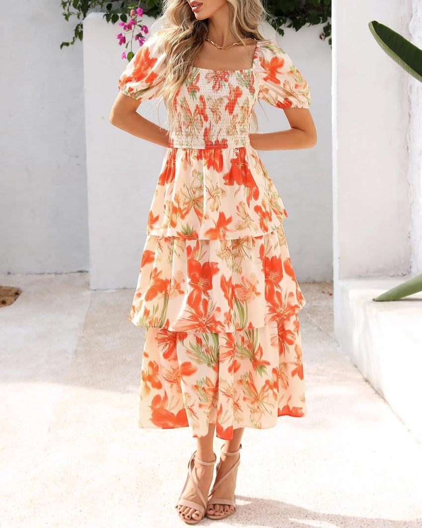 BTFBM Womens Square Neck Smocked Dress Summer Puff Short Sleeve Floral Casual Ruffle Tiered Maxi Wedding Guest Dresses - 7DAY'S