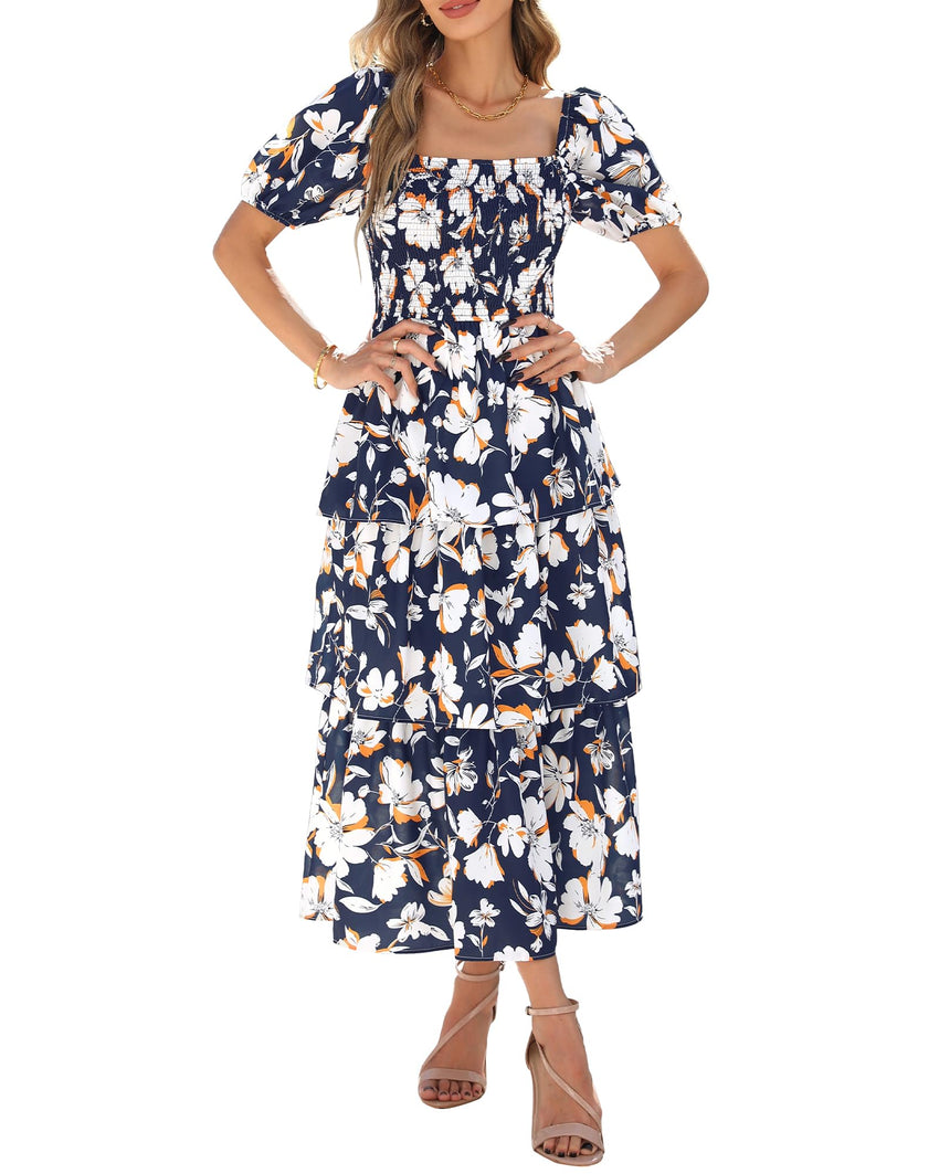 BTFBM Womens Square Neck Smocked Dress Summer Puff Short Sleeve Floral Casual Ruffle Tiered Maxi Wedding Guest Dresses - 7DAY'S